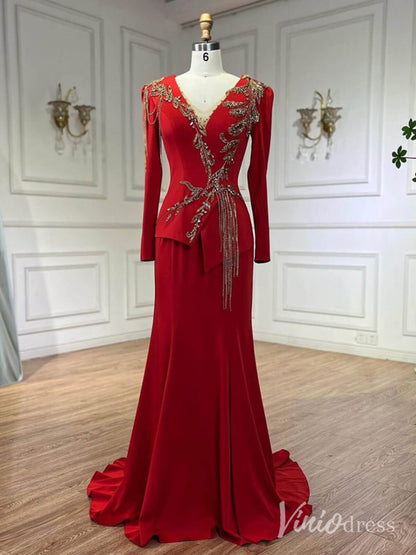Red Long Sleeve Satin Mother of the Bride Dress Beaded Lace V-Neck Prom Dresses AD1243-Evening Dresses 2025 -Viniodress-Red-US 2-