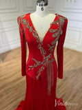 Red Long Sleeve Satin Mother of the Bride Dress Beaded Lace V-Neck Prom Dresses AD1243-prom dresses-Viniodress-Viniodress