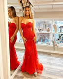 Red Mermaid Lace Applique Prom Dresses Strapless Evening Dress FD3622-prom dresses-Viniodress-Viniodress