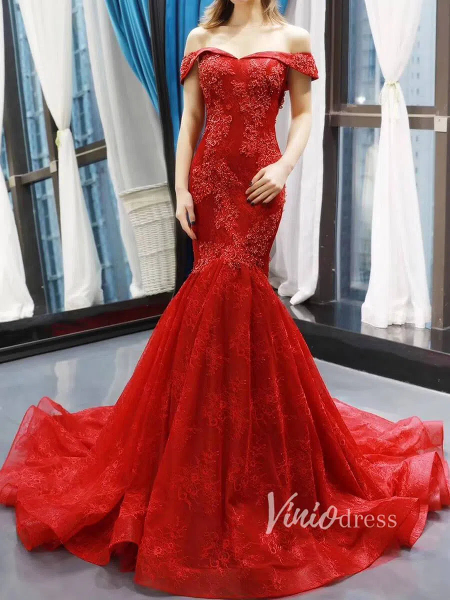 Red Mermaid Lace Prom Dresses Off Shoulder Trumpet Prom Gowns FD1273-prom dresses 2025 -Viniodress-Red-Custom Size-