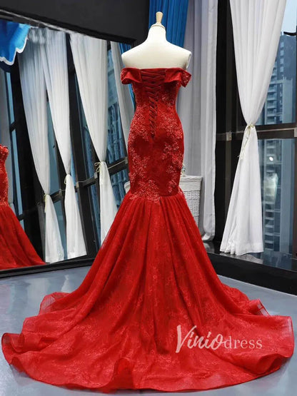 Red Mermaid Lace Prom Dresses Off Shoulder Trumpet Prom Gowns FD1273-prom dresses 2025 -Viniodress-Red-Custom Size-