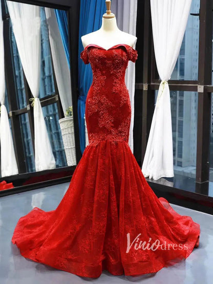 Red Mermaid Lace Prom Dresses Off Shoulder Trumpet Prom Gowns FD1273-prom dresses 2025 -Viniodress-Red-Custom Size-