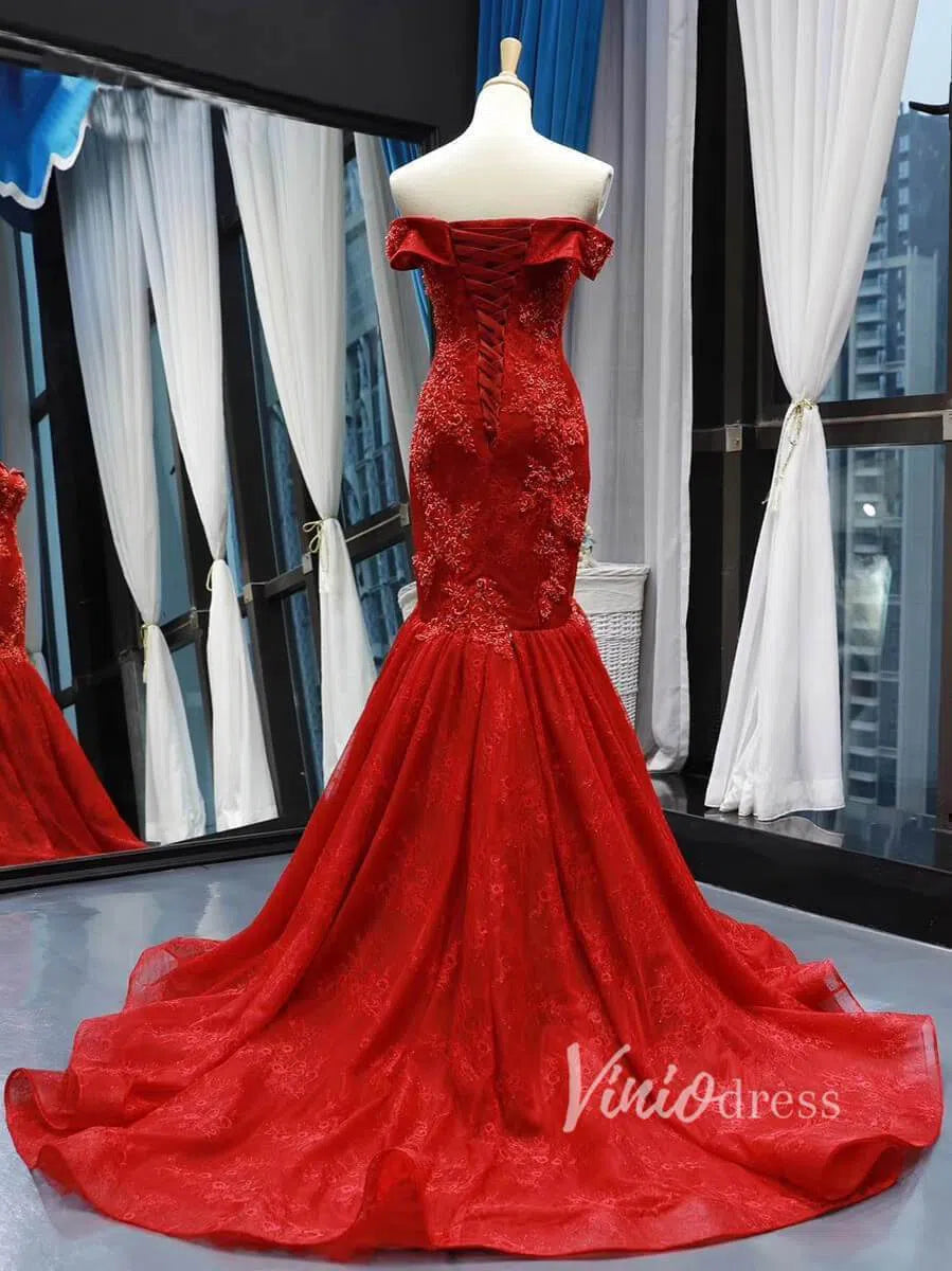 Red Mermaid Lace Prom Dresses Off Shoulder Trumpet Prom Gowns FD1273-prom dresses-Viniodress-Viniodress