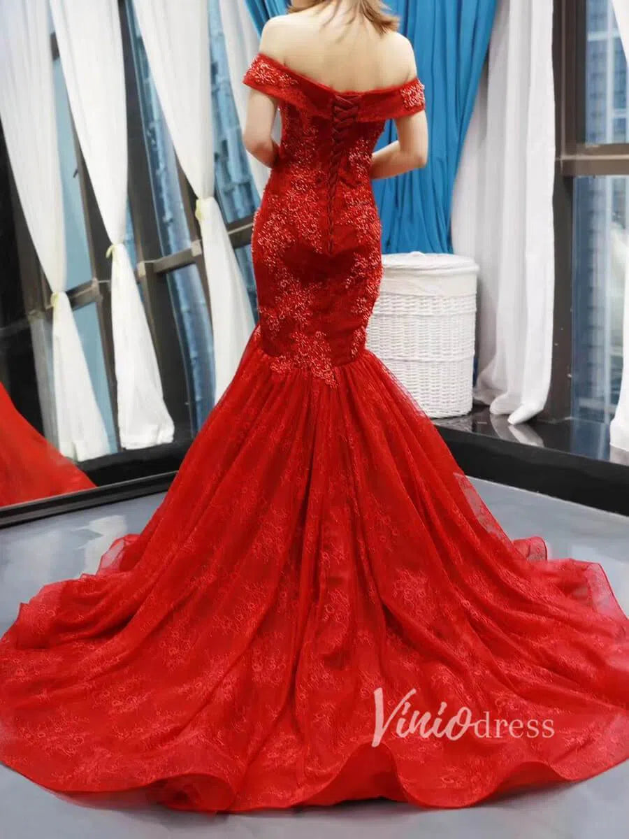 Red Mermaid Lace Prom Dresses Off Shoulder Trumpet Prom Gowns FD1273-prom dresses-Viniodress-Viniodress