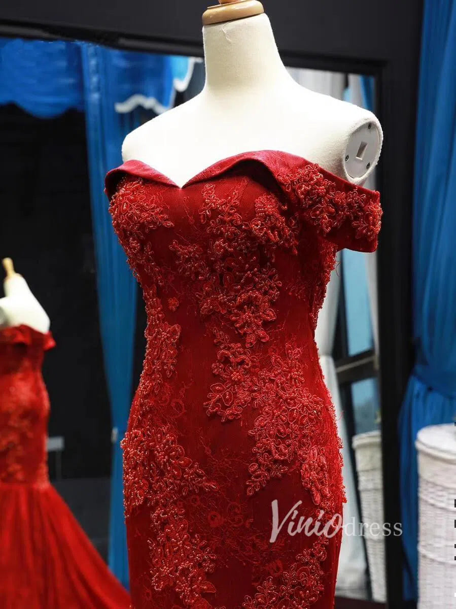 Red Mermaid Lace Prom Dresses Off Shoulder Trumpet Prom Gowns FD1273-prom dresses-Viniodress-Viniodress