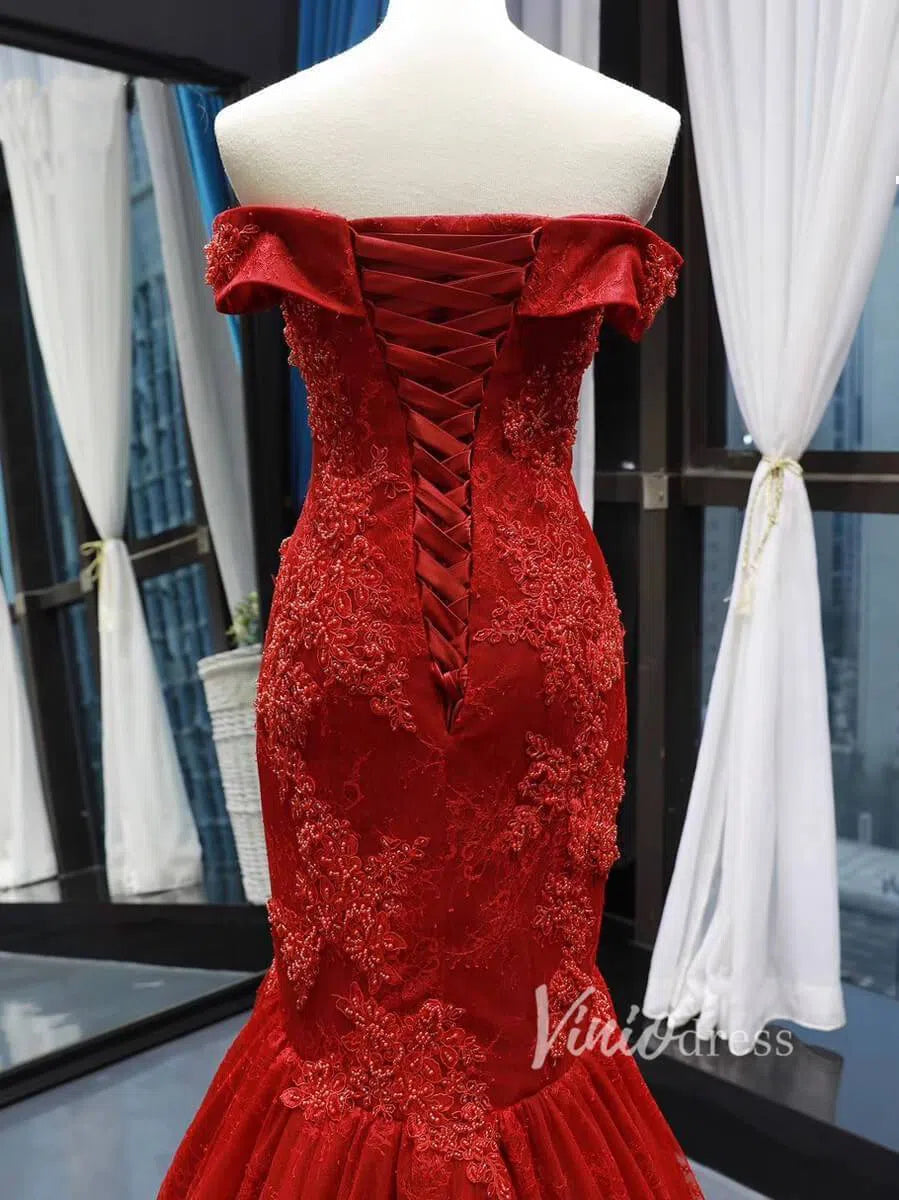 Red Mermaid Lace Prom Dresses Off Shoulder Trumpet Prom Gowns FD1273-prom dresses-Viniodress-Viniodress