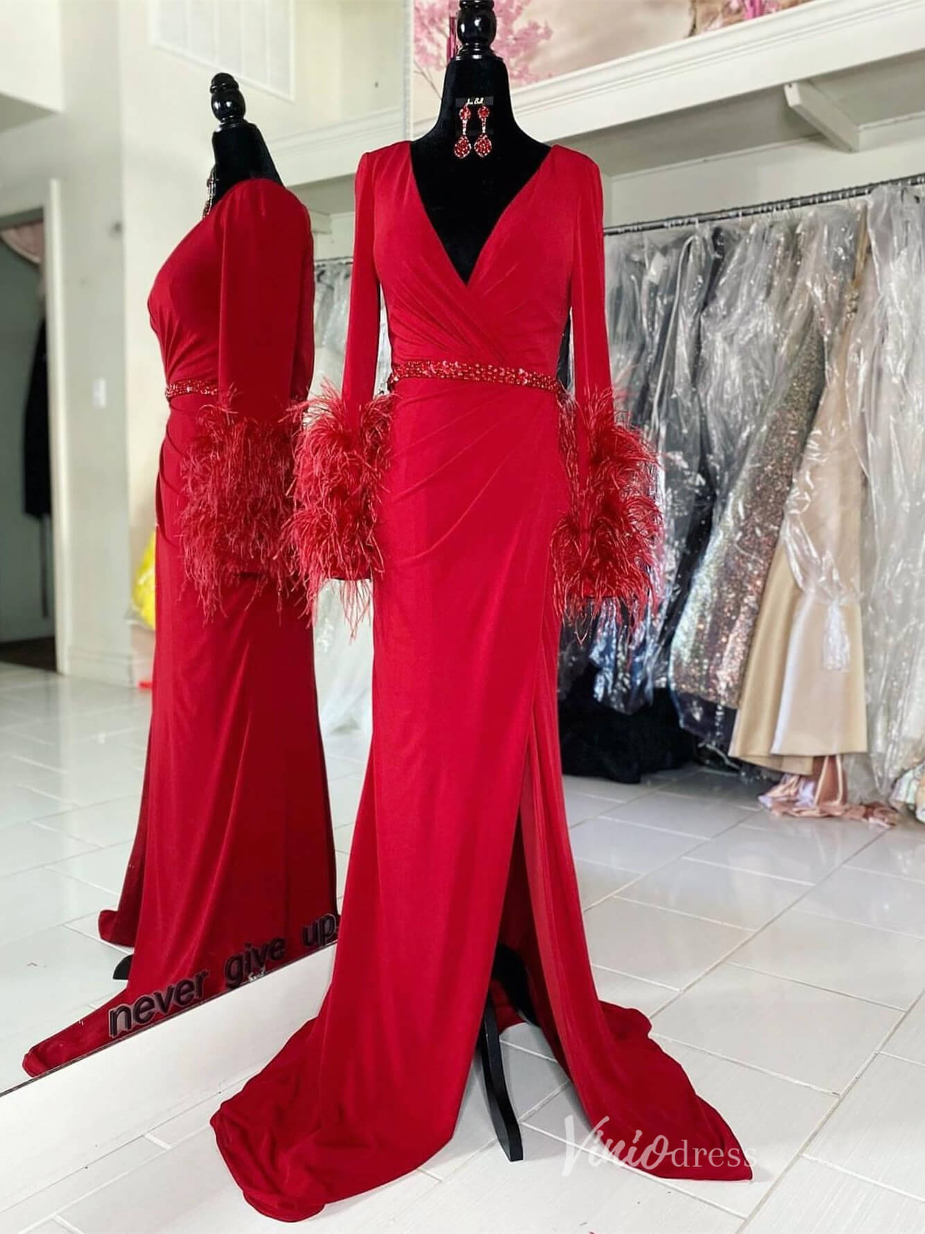 Red Mermaid Long Sleeve Prom Dresses with Slit V - Neck Feather Pleated Bodice FD4023 - Viniodressprom dressesRedCustom Size - Formal Dresses - Ball Gowns