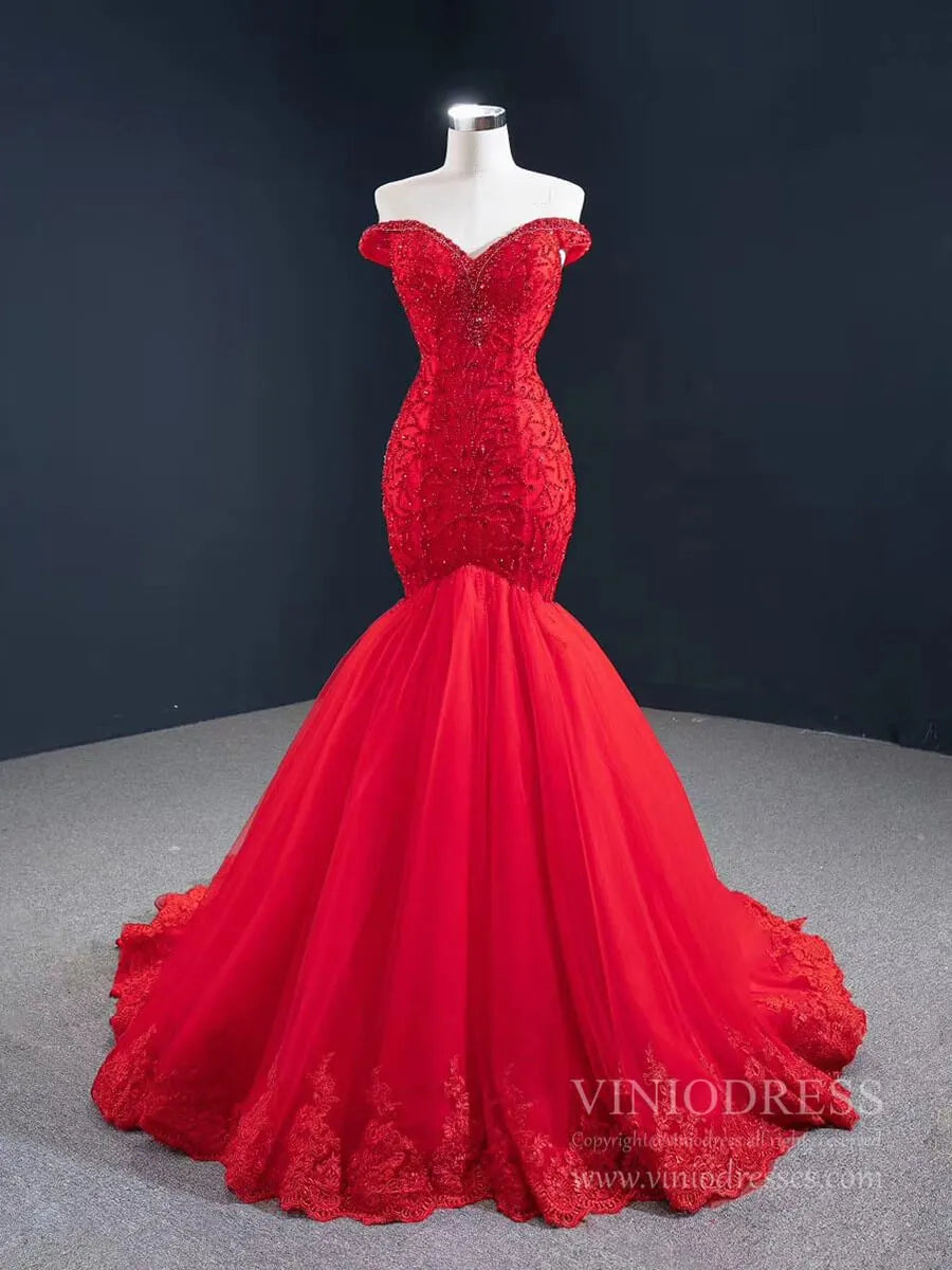 Red Mermaid Prom Dresses Off the Shoulder Beaded Pageant Dress FD2439 viniodress-prom dresses 2025 -Viniodress-Red-Custom Size-