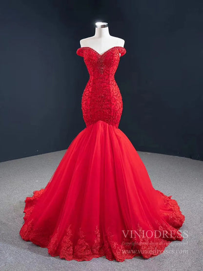 Red Mermaid Prom Dresses Off the Shoulder Beaded Pageant Dress FD2439 viniodress-prom dresses 2025 -Viniodress-Red-Custom Size-