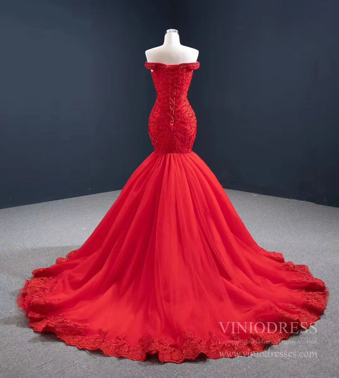 Red Mermaid Prom Dresses Off the Shoulder Beaded Pageant Dress FD2439 viniodress-prom dresses 2025 -Viniodress-Red-Custom Size-