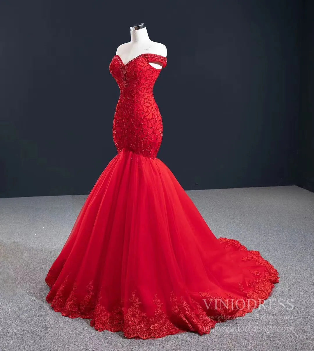 Red Mermaid Prom Dresses Off the Shoulder Beaded Pageant Dress FD2439 viniodress-prom dresses 2025 -Viniodress-Red-Custom Size-