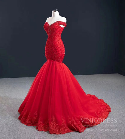 Red Mermaid Prom Dresses Off the Shoulder Beaded Pageant Dress FD2439 viniodress-prom dresses 2025 -Viniodress-Red-Custom Size-