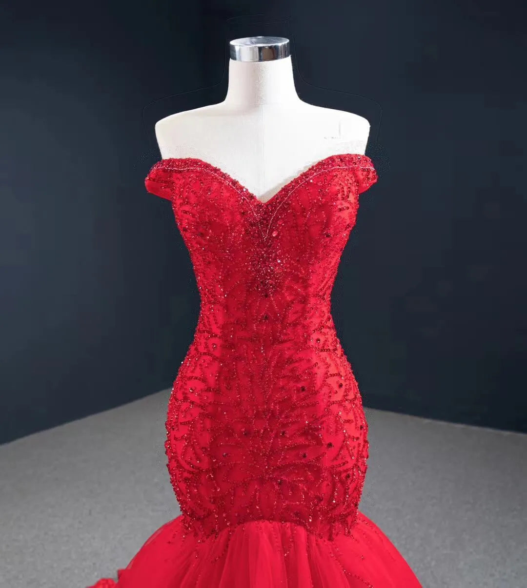 Red Mermaid Prom Dresses Off the Shoulder Beaded Pageant Dress FD2439 viniodress-prom dresses 2025 -Viniodress-Red-Custom Size-