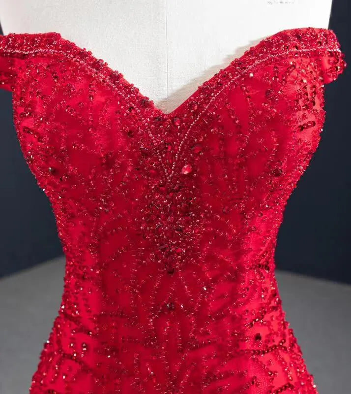 Red Mermaid Prom Dresses Off the Shoulder Beaded Pageant Dress FD2439 viniodress-prom dresses 2025 -Viniodress-Red-Custom Size-