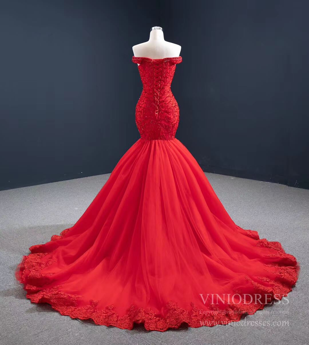 Prom Dress 2025 Red Mermaid Prom Dresses Off the Shoulder Beaded Pageant Dress FD2439 viniodress-unique prom dresses-Red-Custom Size-Viniodress