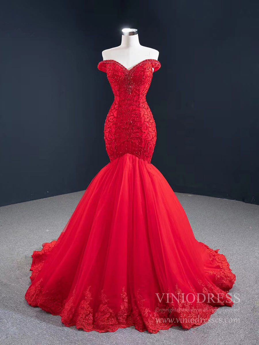 Prom Dress 2025 Red Mermaid Prom Dresses Off the Shoulder Beaded Pageant Dress FD2439 viniodress-unique prom dresses-Red-Custom Size-Viniodress