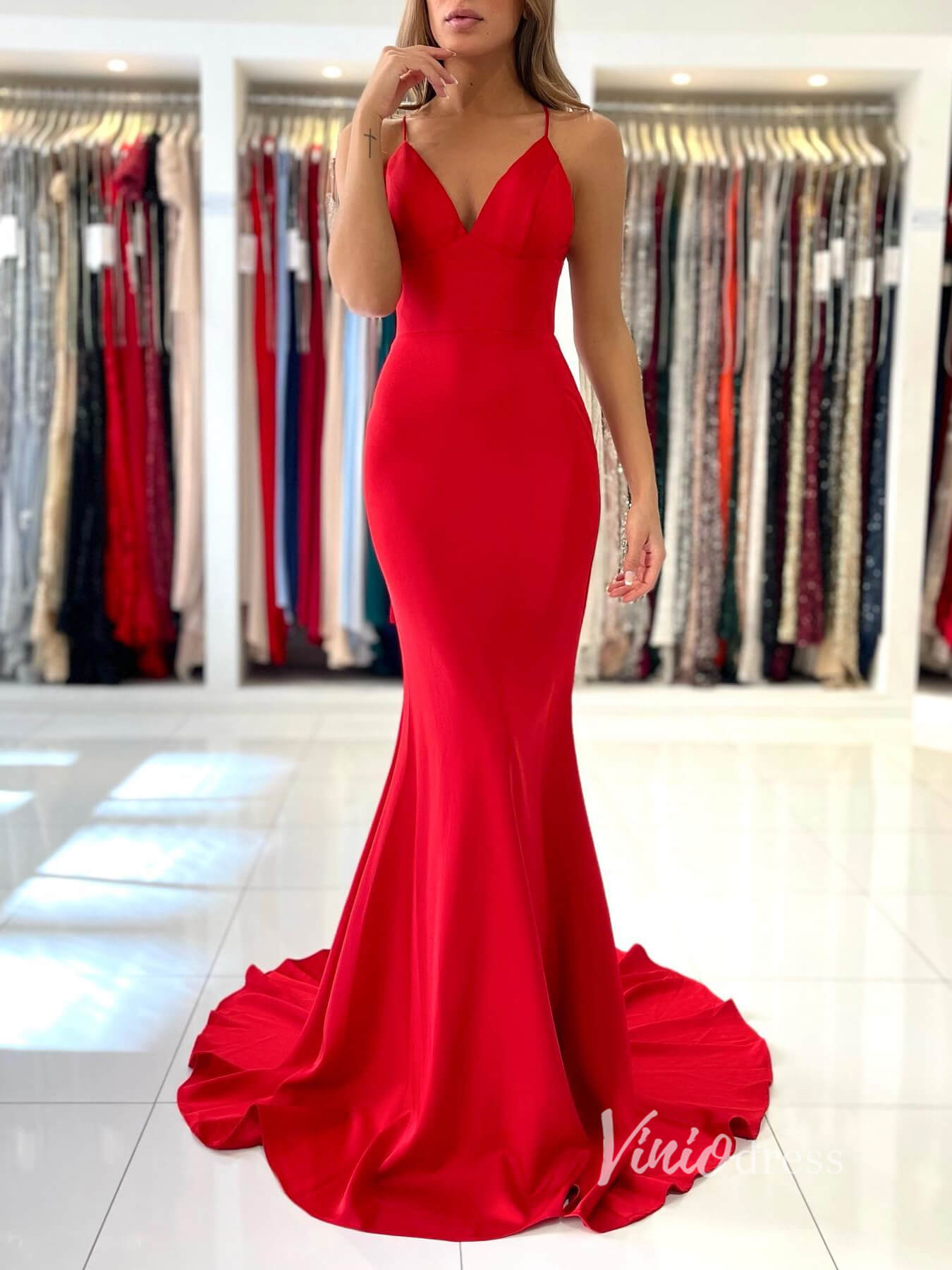 Red Mermaid Prom Dresses Spaghetti Strap Evening Dress FD2914-prom dresses 2025 -Viniodress-Red-Custom Size-
