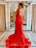 Red Mermaid Prom Dresses V-neck 3D Floral Lace Evening Dress Backless FD3375-prom dresses-Viniodress-Viniodress