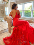 Red Mermaid Prom Dresses V-neck 3D Floral Lace Evening Dress Backless FD3375-prom dresses-Viniodress-Viniodress