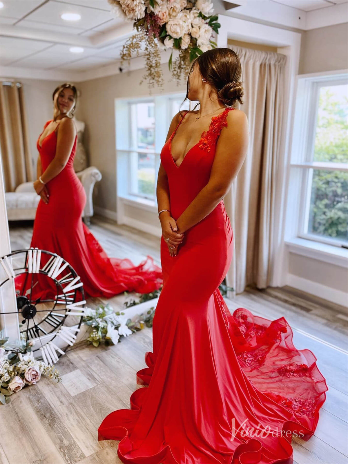 Red Mermaid Prom Dresses V-neck 3D Floral Lace Evening Dress Backless FD3375-prom dresses-Viniodress-Red-Custom Size-Viniodress