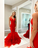 Red Mermaid Ruffle Prom Dresses Satin V-Neck Evening Gown FD3621
