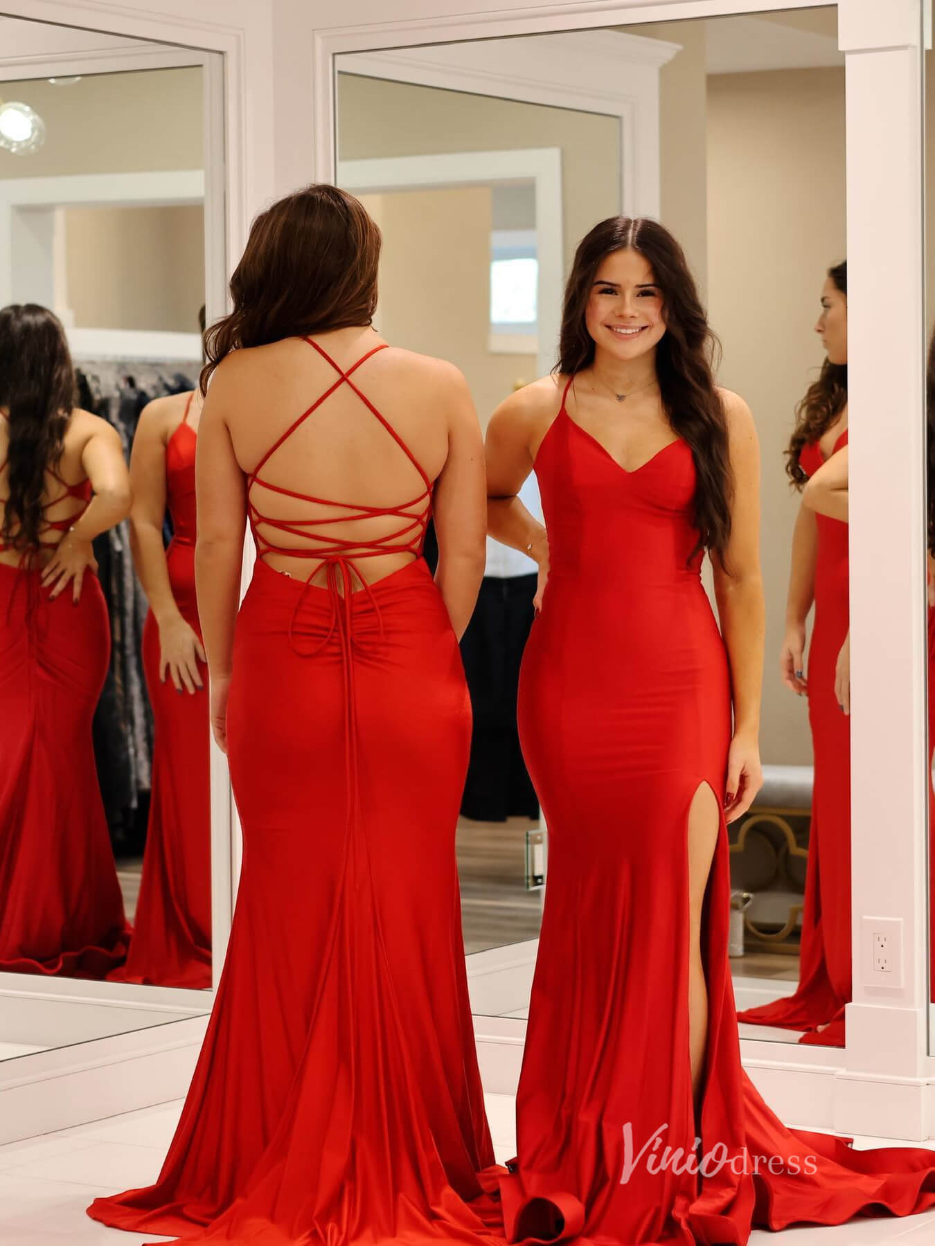 Red Mermaid Satin Prom Dresses with Slit Spaghetti Strap Evening Dress FD3675-prom dresses 2025 -Viniodress-Red-Custom Size-