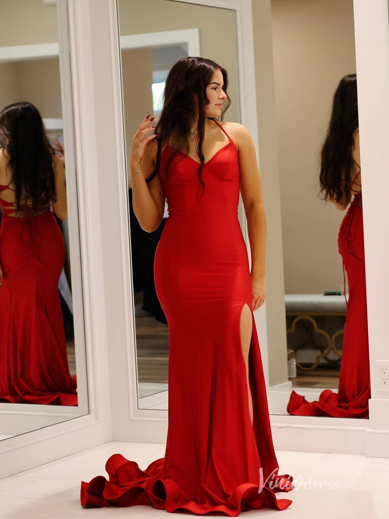 Red Mermaid Satin Prom Dresses with Slit Spaghetti Strap Evening Dress FD3675-prom dresses 2025 -Viniodress-Red-Custom Size-