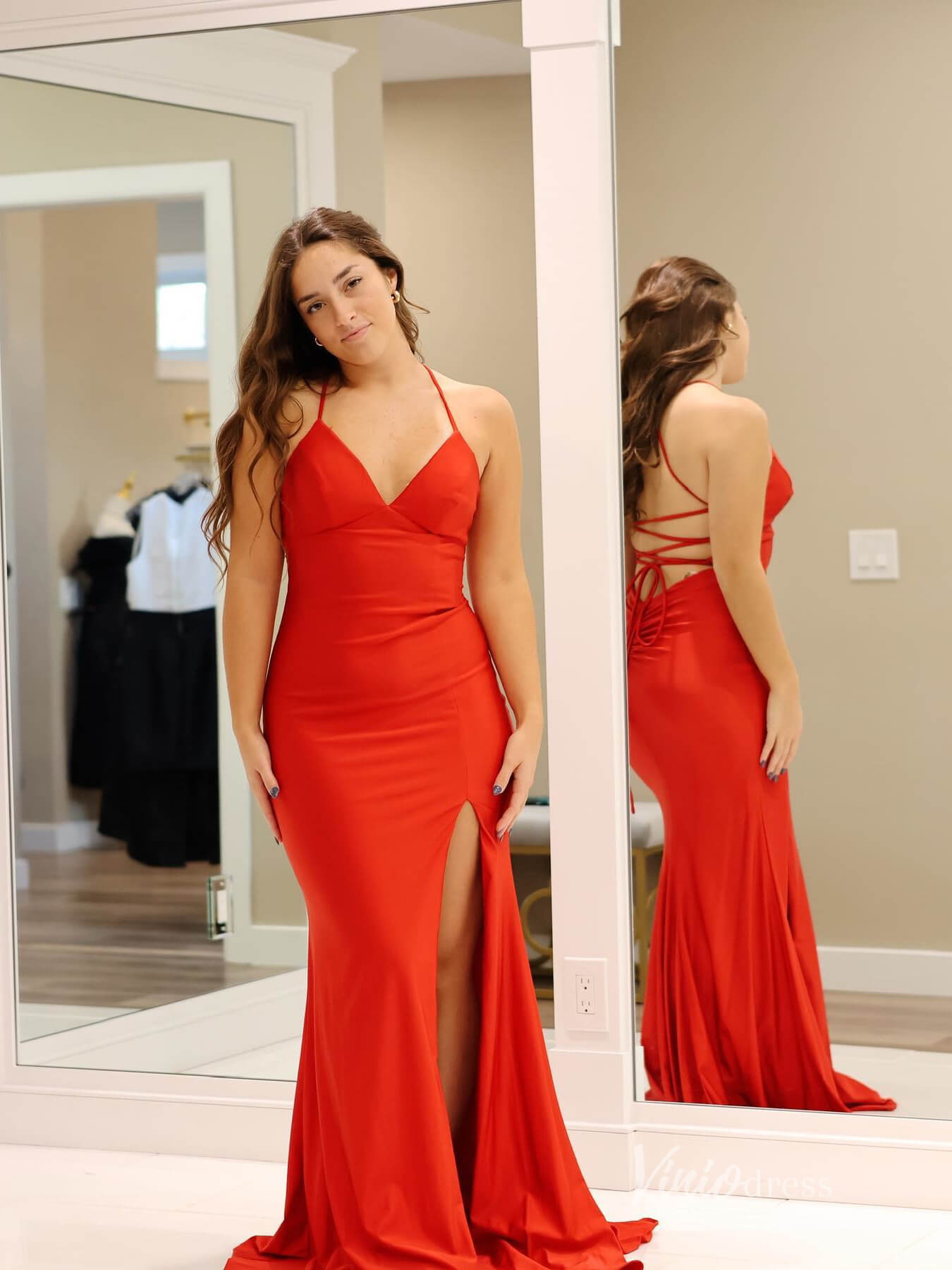 Red Mermaid Satin Prom Dresses with Slit Spaghetti Strap Evening Dress FD3675-prom dresses 2025 -Viniodress-Red-Custom Size-