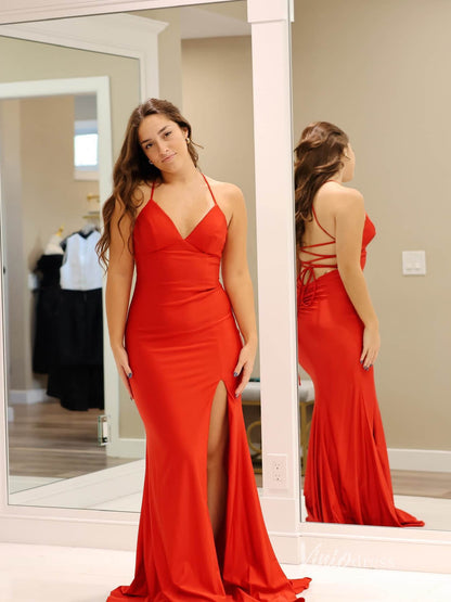 Red Mermaid Satin Prom Dresses with Slit Spaghetti Strap Evening Dress FD3675-prom dresses 2025 -Viniodress-Red-Custom Size-