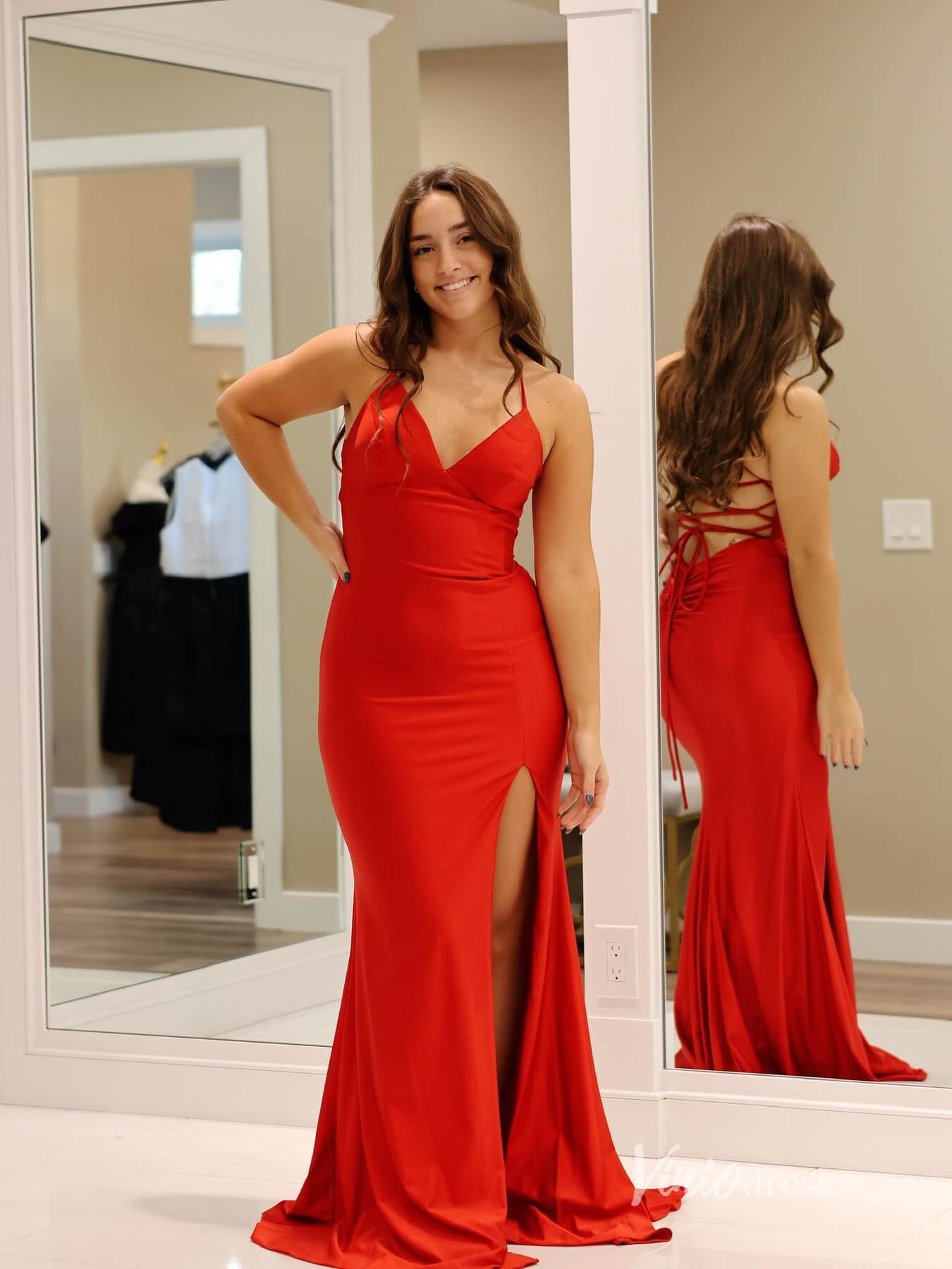 Red Mermaid Satin Prom Dresses with Slit Spaghetti Strap Evening Dress FD3675-prom dresses 2025 -Viniodress-Red-Custom Size-