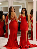 Red Mermaid Satin Prom Dresses with Slit Spaghetti Strap Evening Dress FD3675
