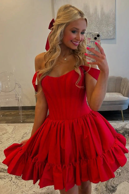 Red Off-Shoulder Homecoming Dress with Bow Hair Tie & Ruffled Skirt – H1166-Homecoming Dresses 2025 -Viniodress-Red-Custom Size-