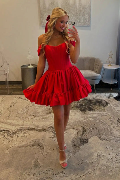 Red Off-Shoulder Homecoming Dress with Bow Hair Tie & Ruffled Skirt – H1166-Homecoming Dresses 2025 -Viniodress-Red-Custom Size-