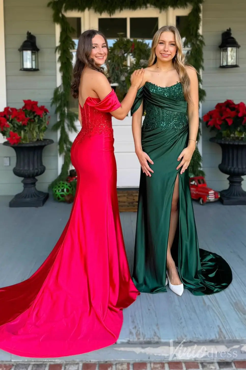 Red Off-Shoulder Prom Dress with Sequin Lace Corset Bodice, Draped Satin Waist and High Slit – SS035-prom dresses 2025 -Viniodress-Custom Colors-Custom Size-