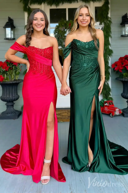 Red Off-Shoulder Prom Dress with Sequin Lace Corset Bodice, Draped Satin Waist and High Slit – SS035-prom dresses 2025 -Viniodress-Custom Colors-Custom Size-
