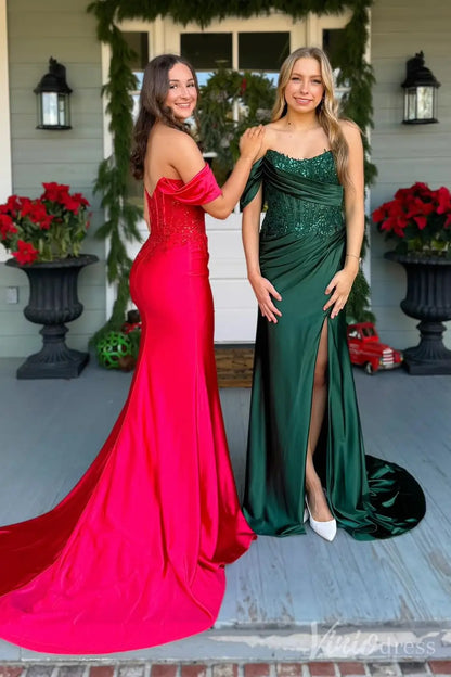 Red Off-Shoulder Prom Dress with Sequin Lace Corset Bodice, Draped Satin Waist and High Slit – SS035-prom dresses 2025 -Viniodress-Custom Colors-Custom Size-