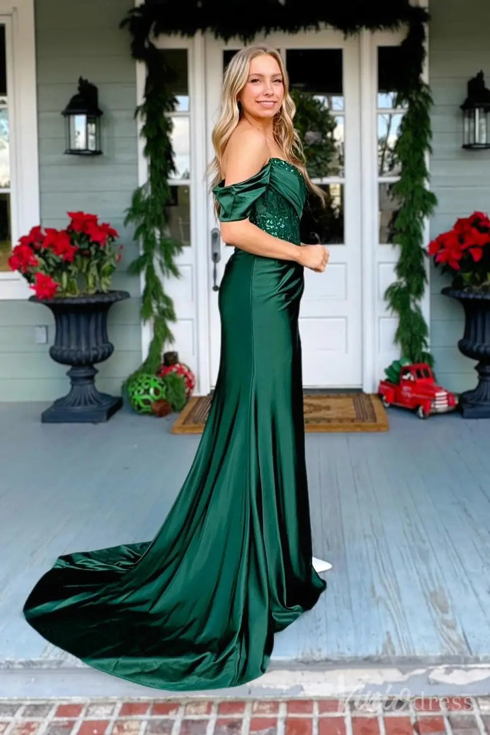 Red Off-Shoulder Prom Dress with Sequin Lace Corset Bodice, Draped Satin Waist and High Slit – SS035-prom dresses 2025 -Viniodress-Custom Colors-Custom Size-