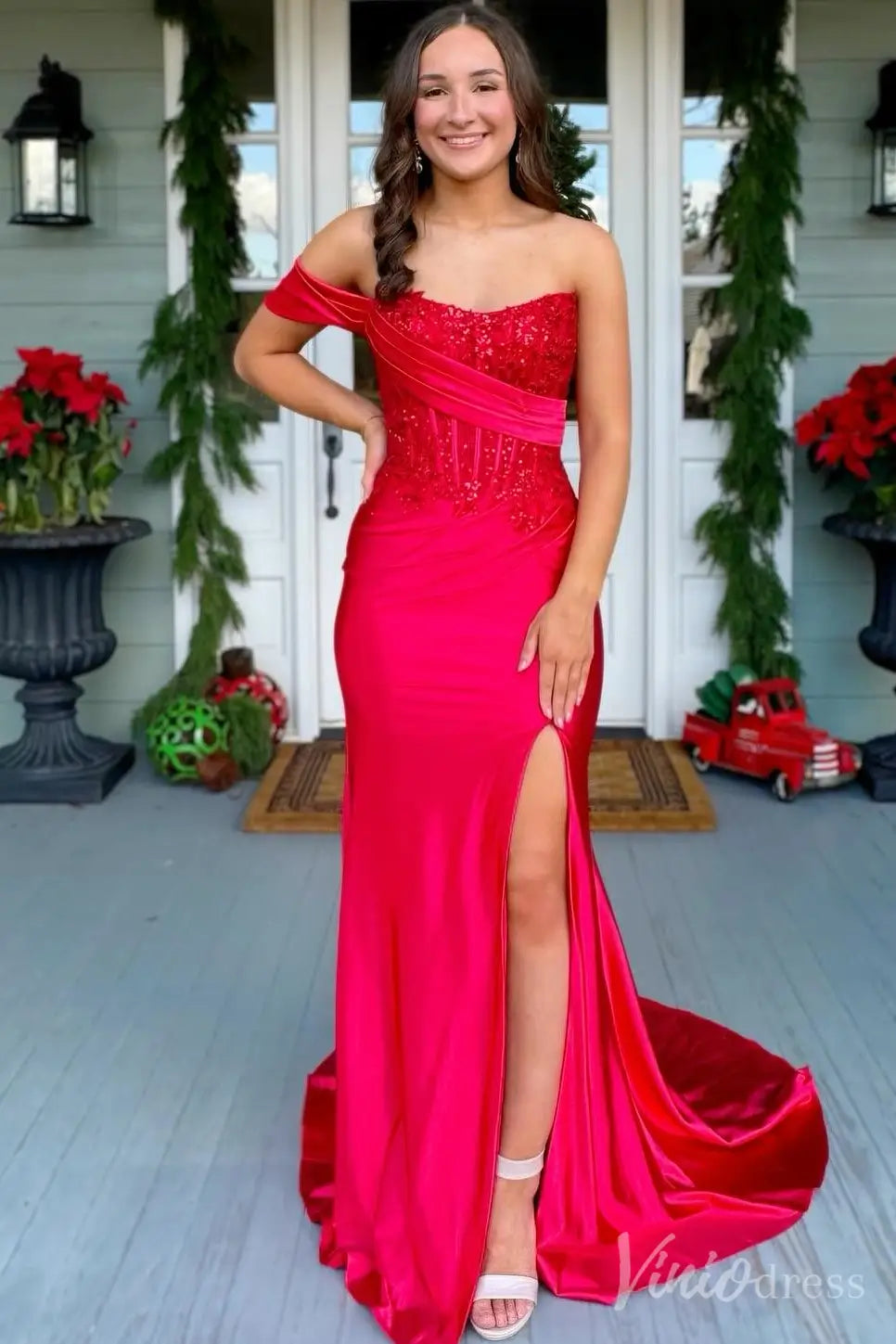 Red Off-Shoulder Prom Dress with Sequin Lace Corset Bodice, Draped Satin Waist and High Slit – SS035-prom dresses 2025 -Viniodress-Red-Custom Size-