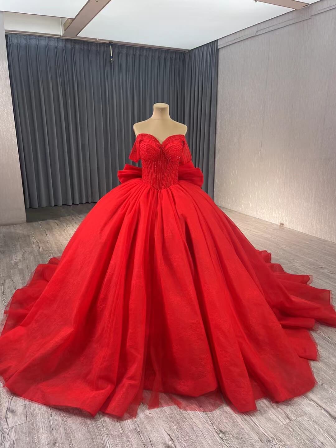 Red Off the Shoulder Bow Wedding Gowns Lace Beaded Quinceanera Dress 241075-Quinceanera Dresses-Viniodress-Red-Custom Size-Viniodress