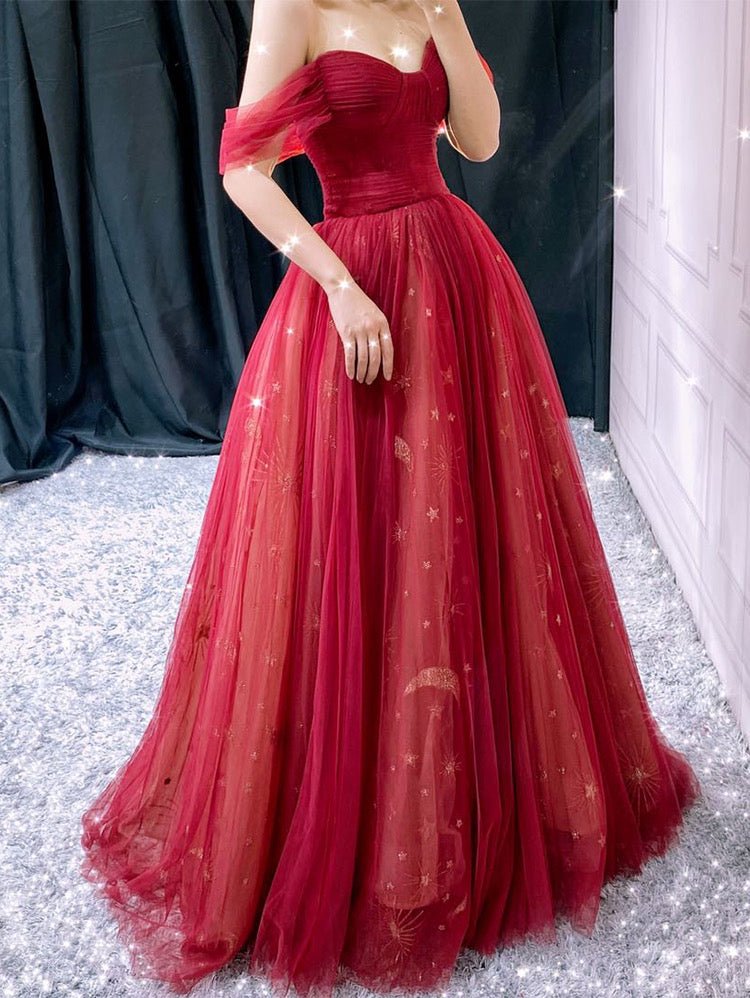 Red Off the Shoulder Prom Dresses Pleated Evening Dress FD3173-prom dresses 2025 -Viniodress-Red-Custom Size-