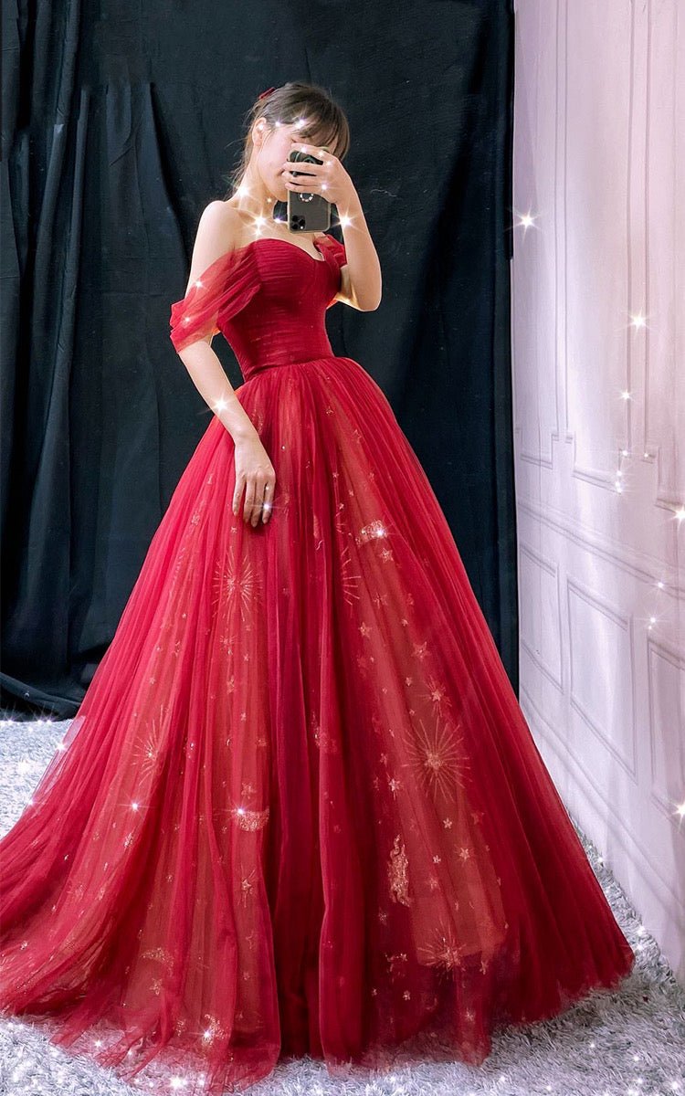 Red Off the Shoulder Prom Dresses Pleated Evening Dress FD3173-prom dresses 2025 -Viniodress-Red-Custom Size-
