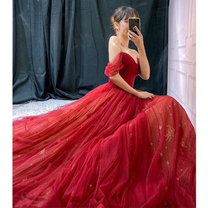 Red Off the Shoulder Prom Dresses Pleated Evening Dress FD3173-prom dresses 2025 -Viniodress-Red-Custom Size-
