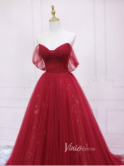 Red Off the Shoulder Prom Dresses Pleated Evening Dress FD3173-prom dresses 2025 -Viniodress-Red-Custom Size-