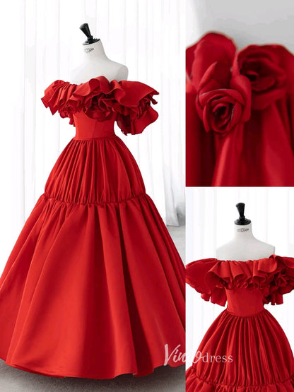 Red Off the Shoulder Prom Dresses Rosette Dress AD1040-prom dresses 2025 -Viniodress-Red-Custom Size-