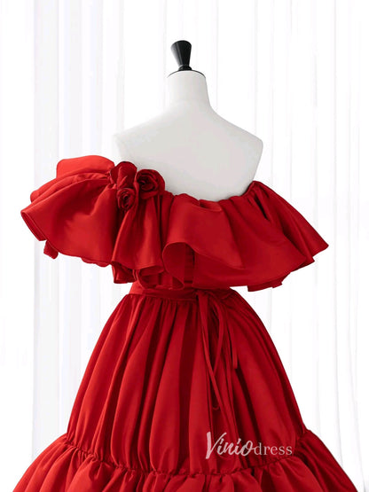 Red Off the Shoulder Prom Dresses Rosette Dress AD1040-prom dresses 2025 -Viniodress-Red-Custom Size-