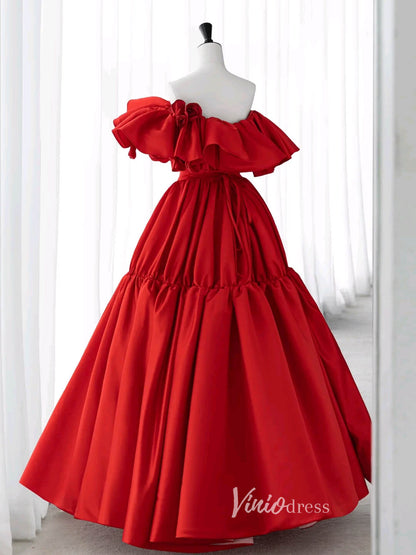 Red Off the Shoulder Prom Dresses Rosette Dress AD1040-prom dresses 2025 -Viniodress-Red-Custom Size-