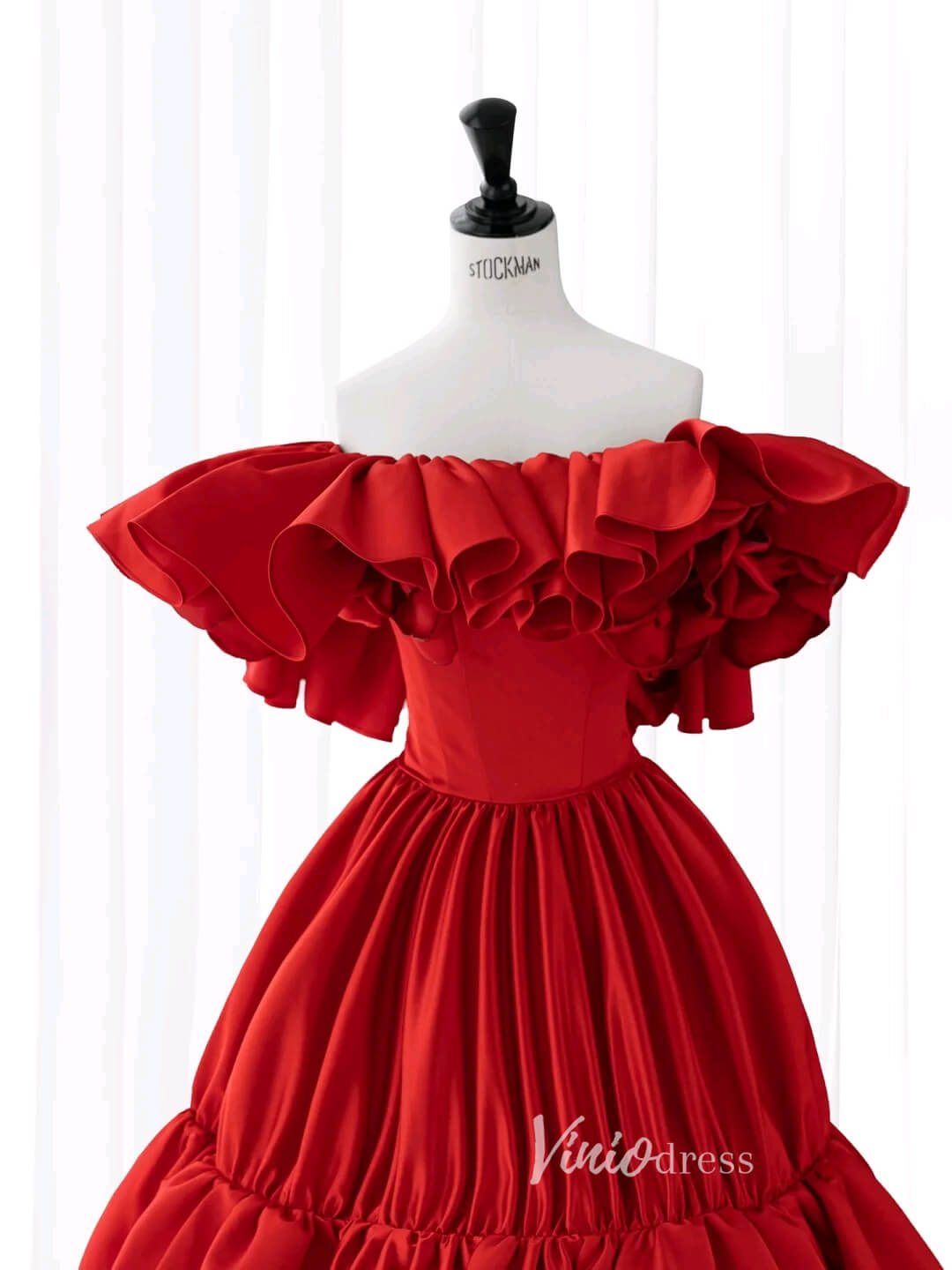 Red Off the Shoulder Prom Dresses Rosette Dress AD1040-prom dresses 2025 -Viniodress-Red-Custom Size-
