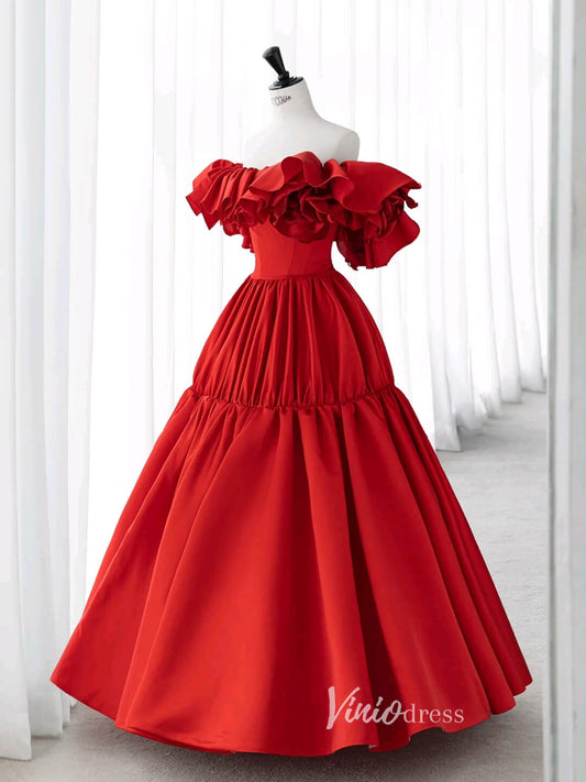 Red Off the Shoulder Prom Dresses Rosette Dress AD1040-prom dresses 2025 -Viniodress-Red-Custom Size-