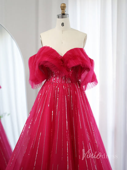 Red Off the Shoulder Prom Dresses Sequin Lace Formal Gown AD1187-prom dresses 2025 -Viniodress-Red-US2-