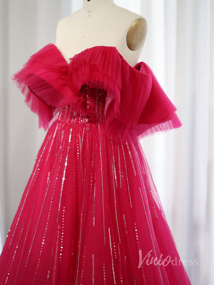 Red Off the Shoulder Prom Dresses Sequin Lace Formal Gown AD1187-prom dresses 2025 -Viniodress-Red-US2-